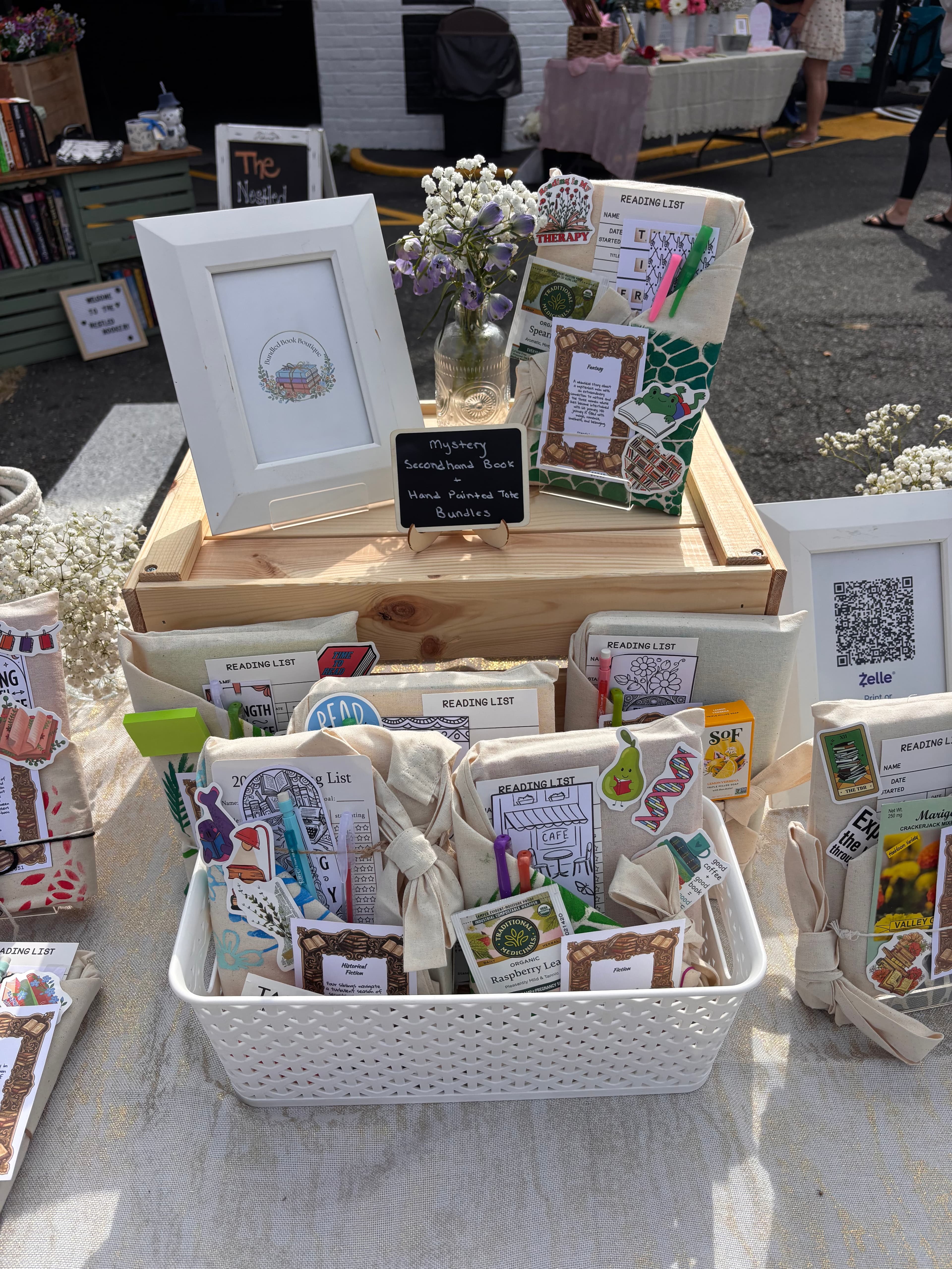 Basket of secondhand books at a market